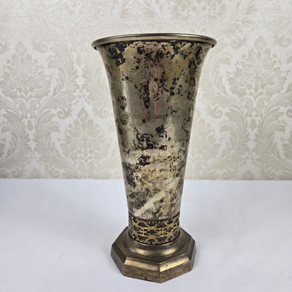 Vintage Bombay Vase Silverplate with Brass Detailing Octagon Shaped Base India